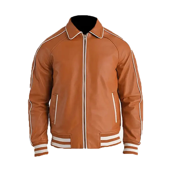 Men's Tan Brown Leather Varsity Jacket