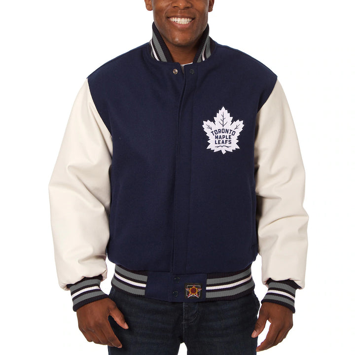 Men's Toronto Maple Leafs JH Design Navy Wool & Leather Jacket with Embroidered LogosCopy)