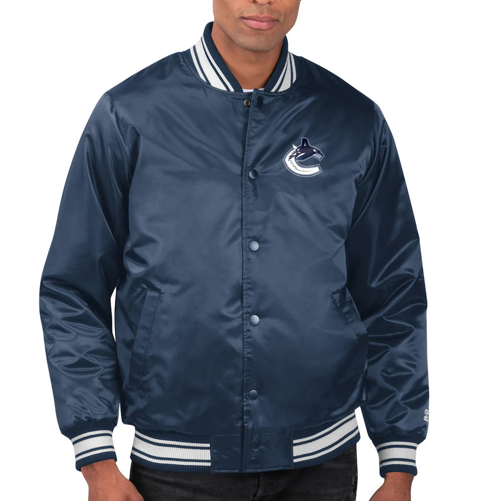 Men's Vancouver Canucks Starter Navy Printed Team Logo Satin Varsity Full-Snap Jacket