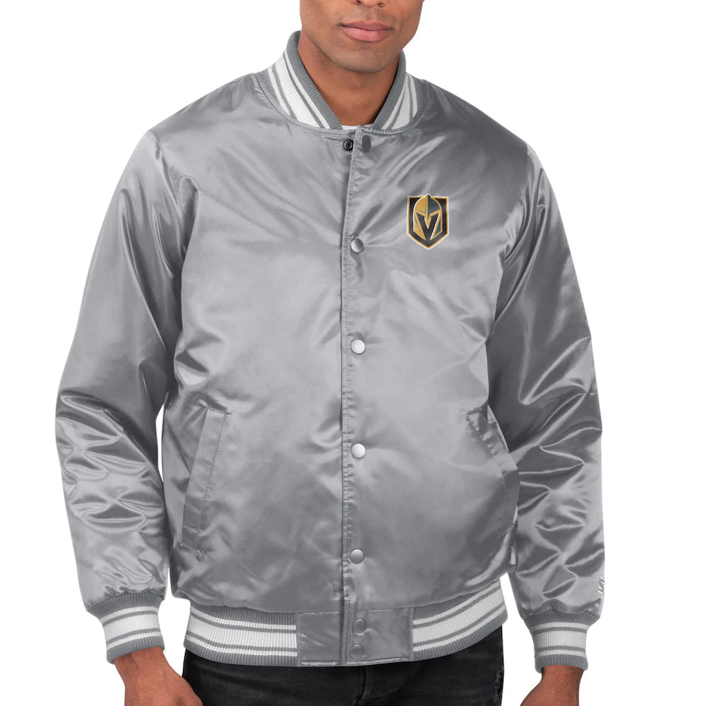 Men's Vegas Golden Knights Starter Gray Printed Team Logo Satin Varsity Full-Snap Jacket