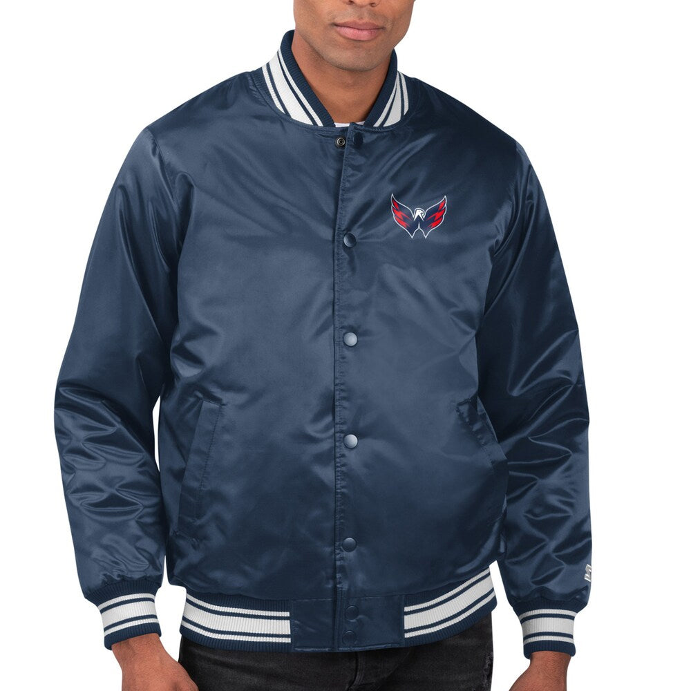Men's Washington Capitals Starter Navy Printed Team Logo Satin Varsity Full-Snap Jacket
