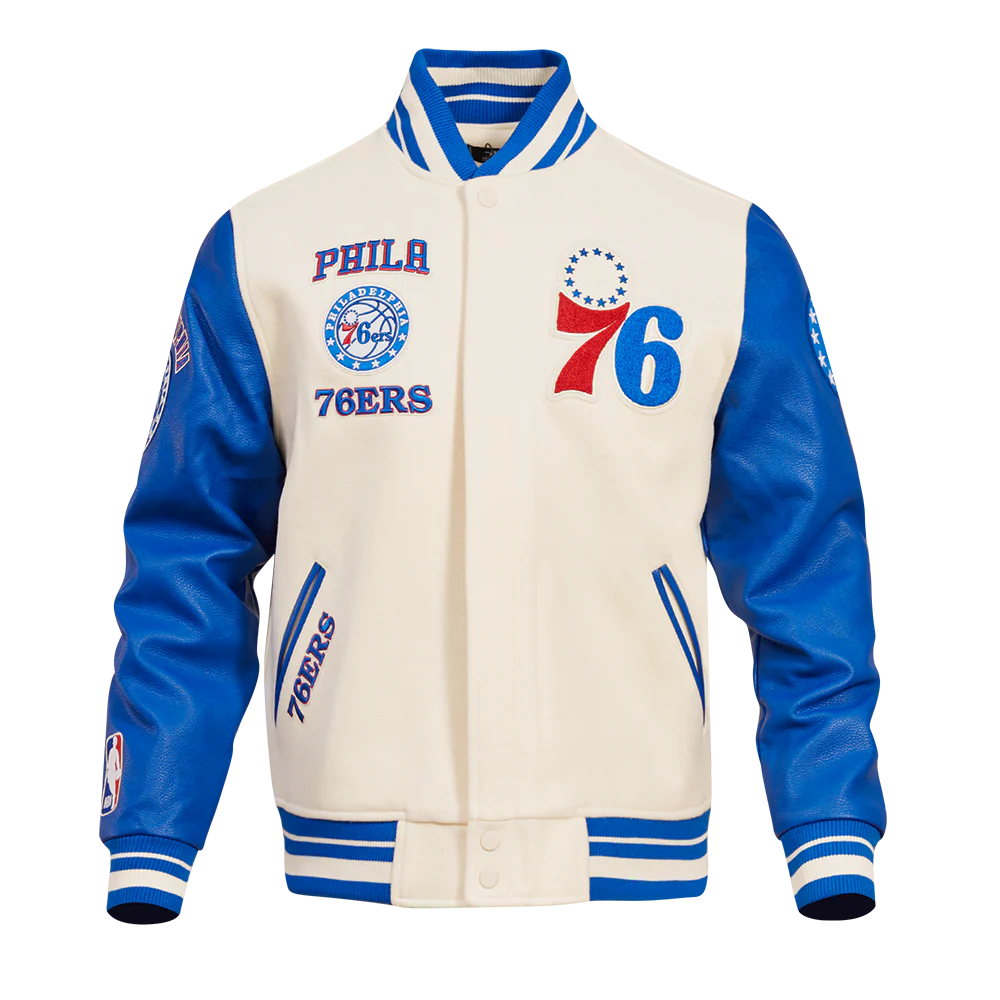 NBA Philadelphia 76ers retro cream and royal blue rib wool varsity jacket, front view with 76ers logo and patches