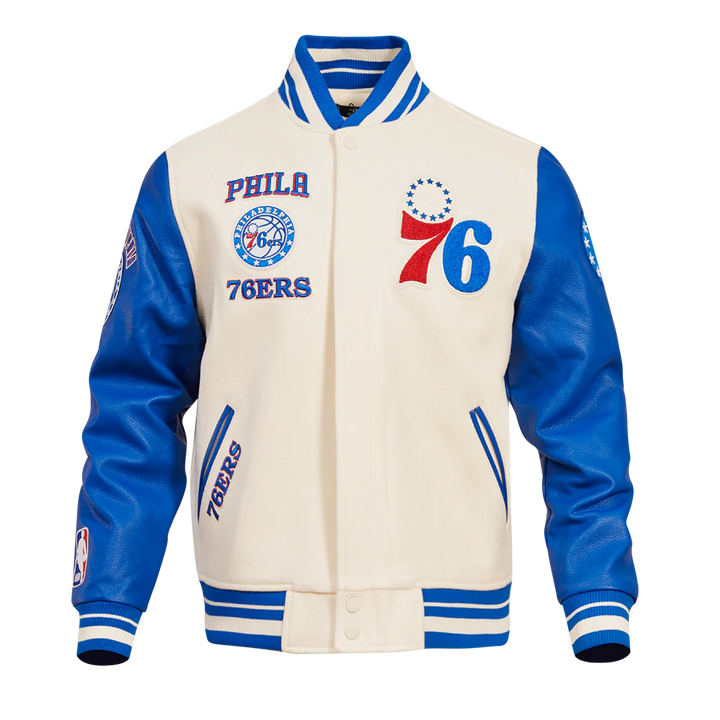 NBA Philadelphia 76ers retro cream and royal blue rib wool varsity jacket, front view with 76ers logo and patches