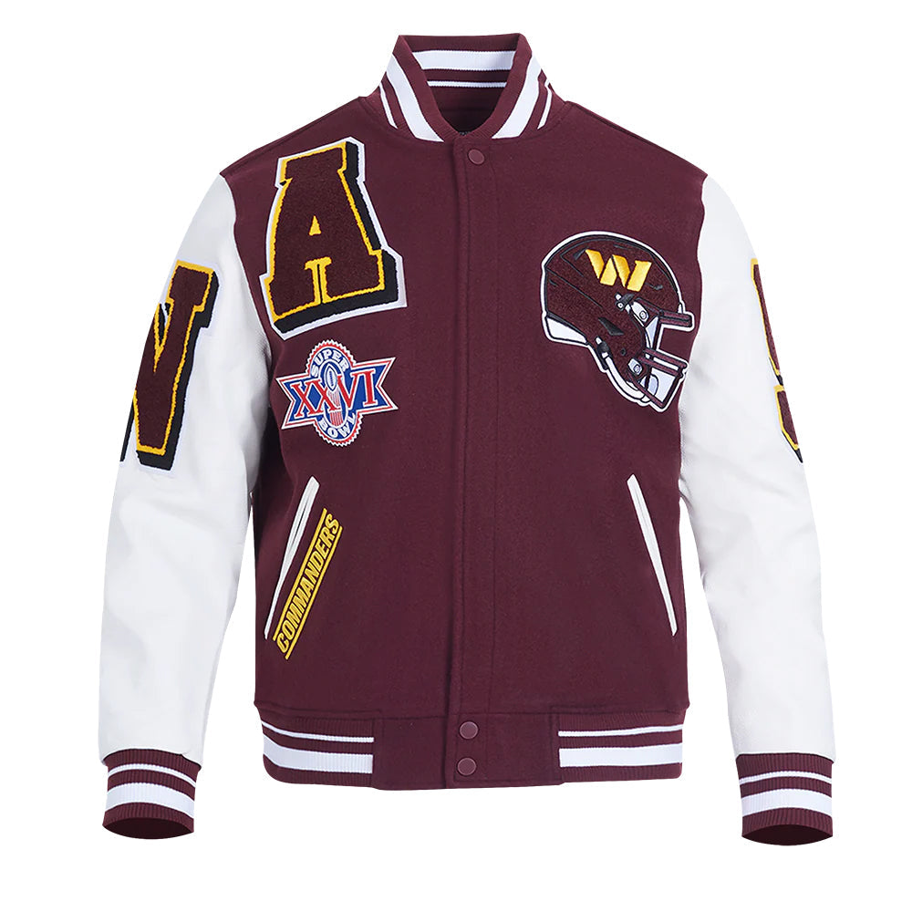 NFL Washington Commanders Mashup Rib Wool Maroon and white varsity jacket with patches