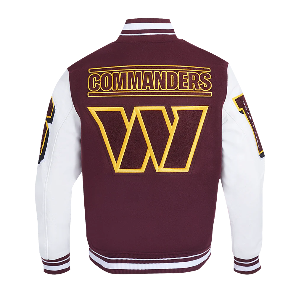 Varsity jacket with 'COMMANDERS' and a large 'W' on the back, in maroon and white with gold lettering.