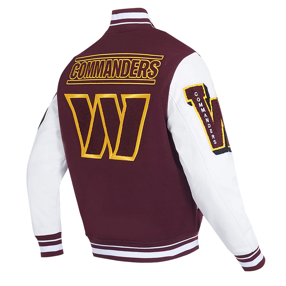 Maroon and white varsity jacket with 'COMMANDERS' and a large 'W' on the back.