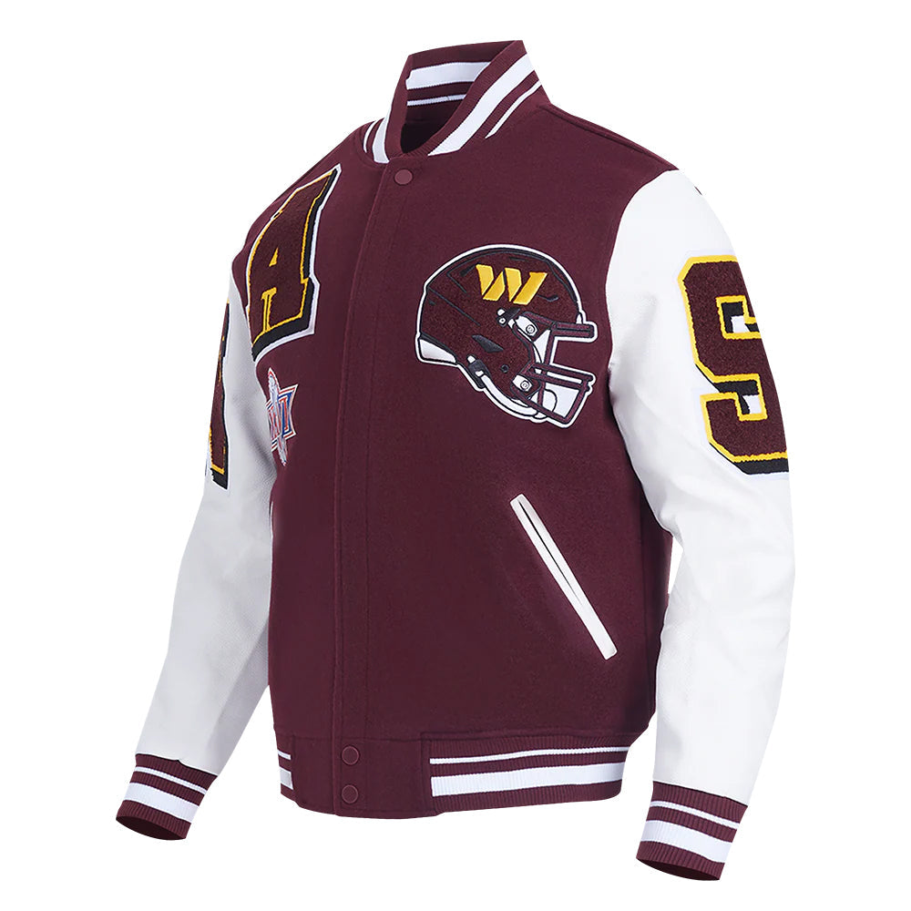Maroon and white varsity jacket with helmet design and letter 'A'