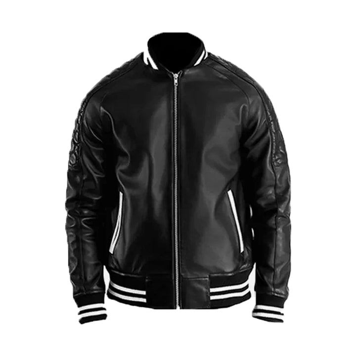 New Men's Plain Black Leather Varsity Jacket