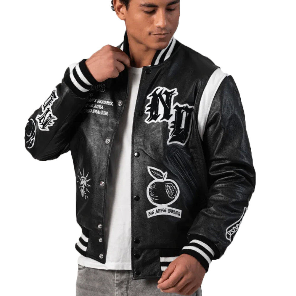 New York Letterman Bomber Leather Jacket In Black