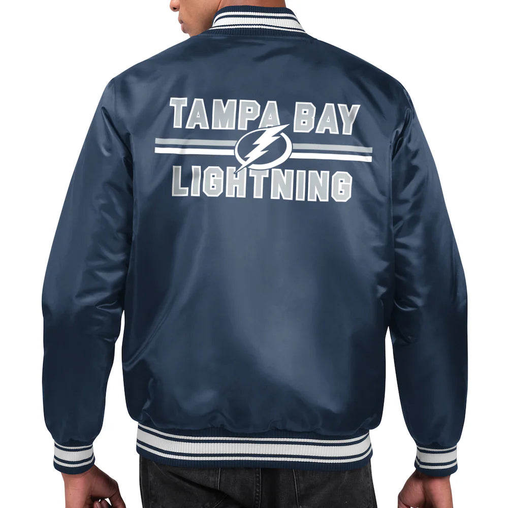 Men's Tampa Bay Lightning Starter Navy Printed Team Logo Satin Varsity Full-Snap Jacket
