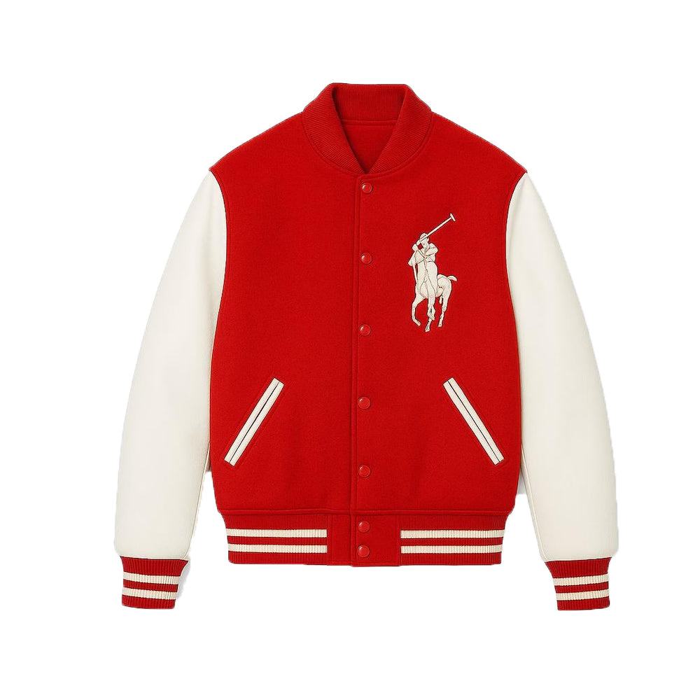Red Cream Wool Varsity Jacket Embroidered Polo Rider Leather Bomber