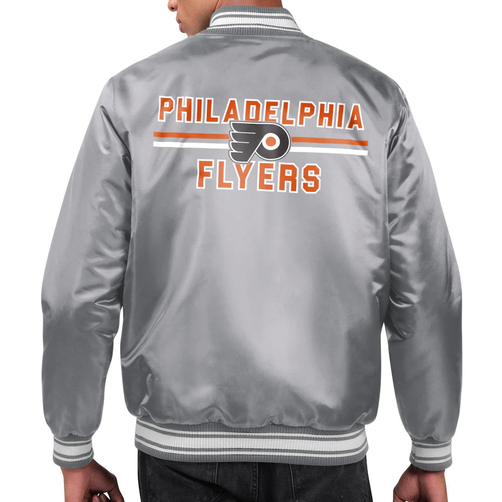 Men's Philadelphia Flyers Starter Gray Printed Team Logo Satin Varsity Full-Snap Jacket