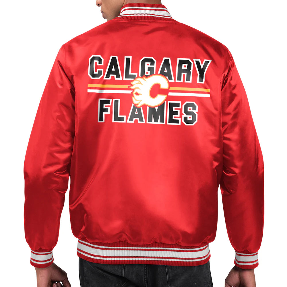 Men's Calgary Flames Starter Red Printed Team Logo Satin Varsity Full-Snap Jacket