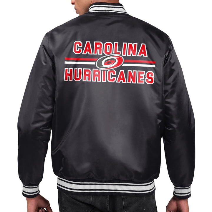 Men's Carolina Hurricanes Starter Black Printed Team Logo Satin Varsity Full-Snap Jacket