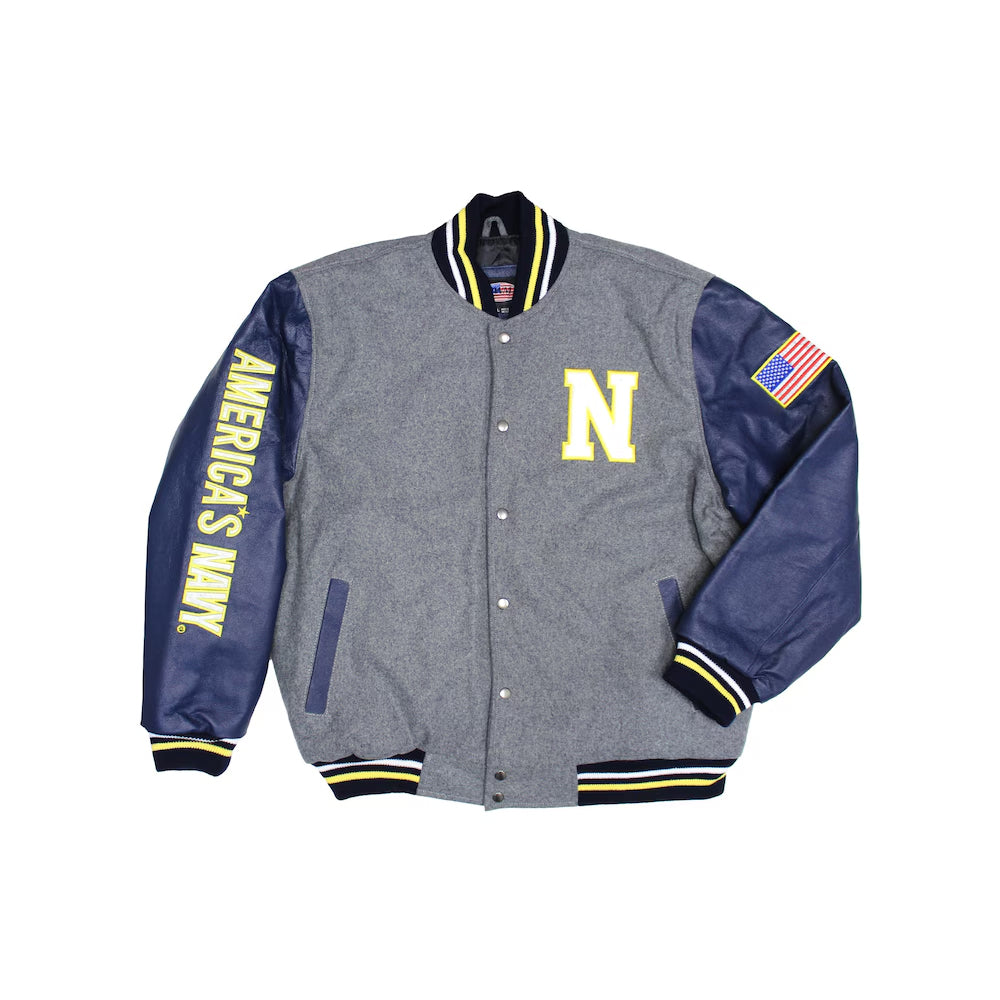 Classic Wool Men Letterman Varsity Jacket With Leather Sleeves