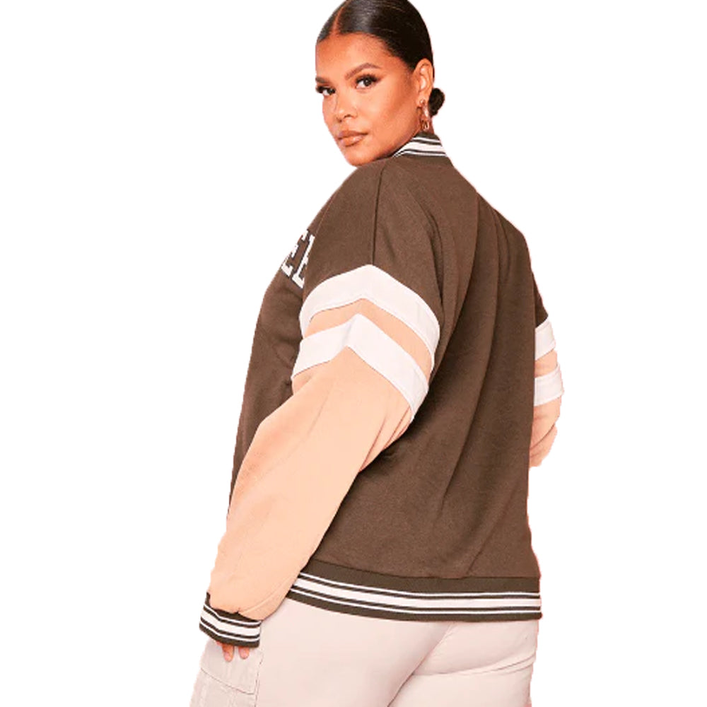 Women’s Varsity Bomber Leather Jacket In Brown & Pink Sleeves