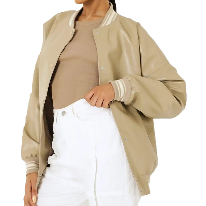 Women’s Beige Leather Varsity Jacket