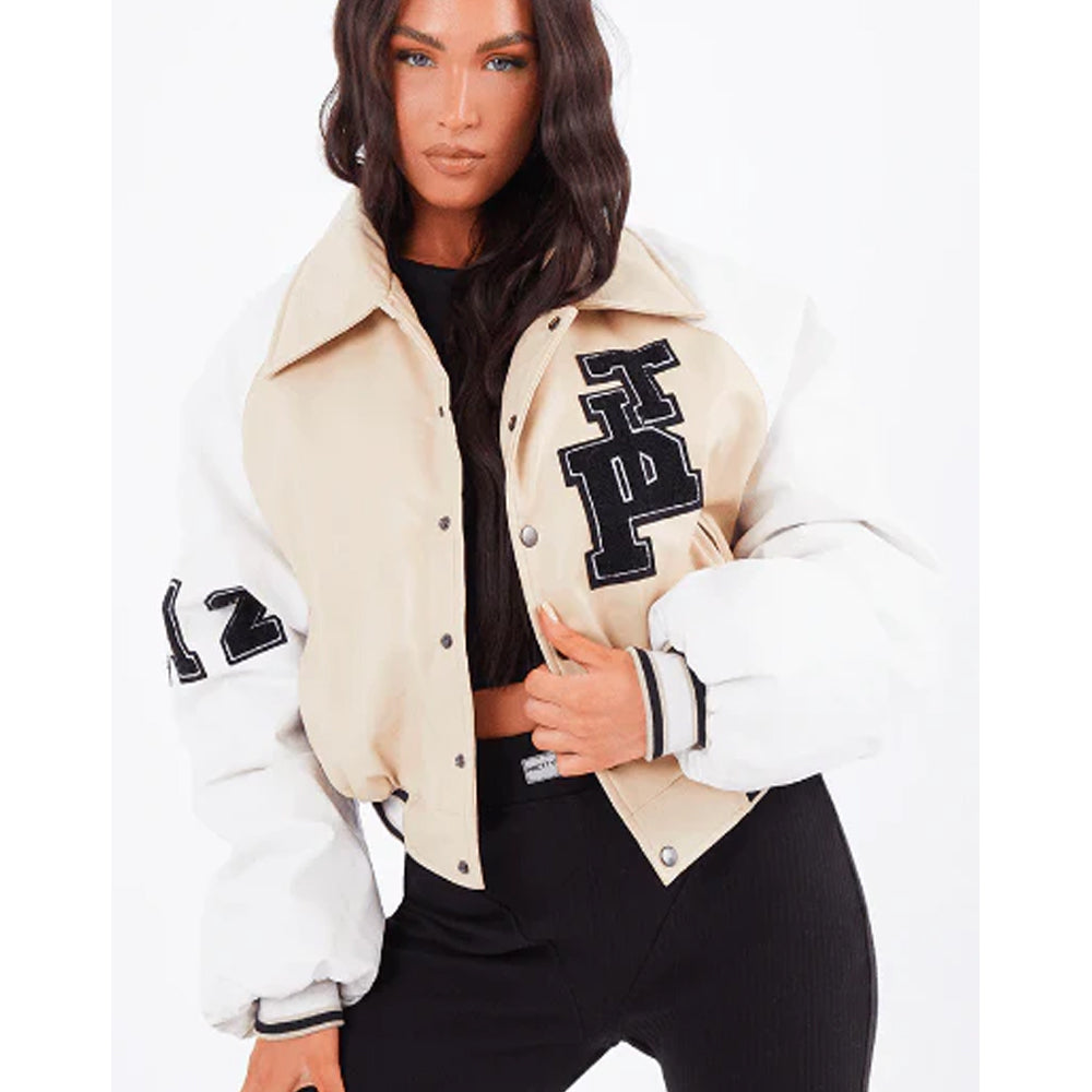 Women's Beige Varsity Bomber Leather Jacket with White Sleeves - Elegant and Trendy