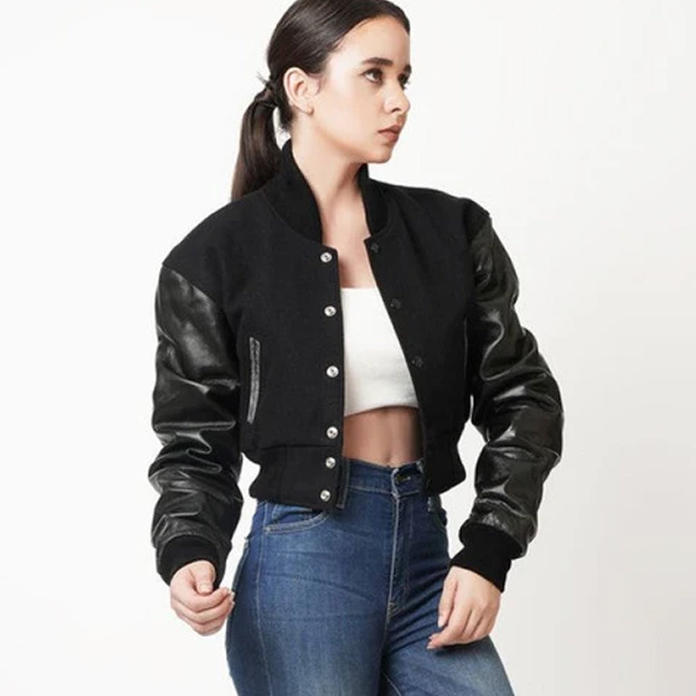 Women's Black Cropped Letterman Leather Jacket