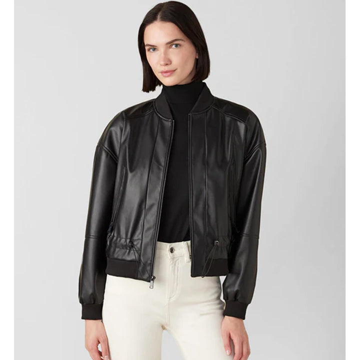 Women's Black Leather Bomber Jacket - Timeless and Stylish