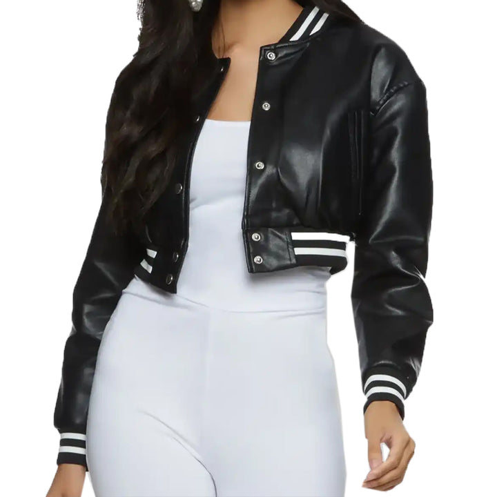 Fashion Women’s Black Leather Varsity Jacket