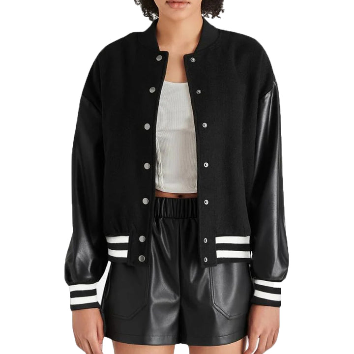 Women's Black Lettermen Bomber Jacket With Leather Sleeves