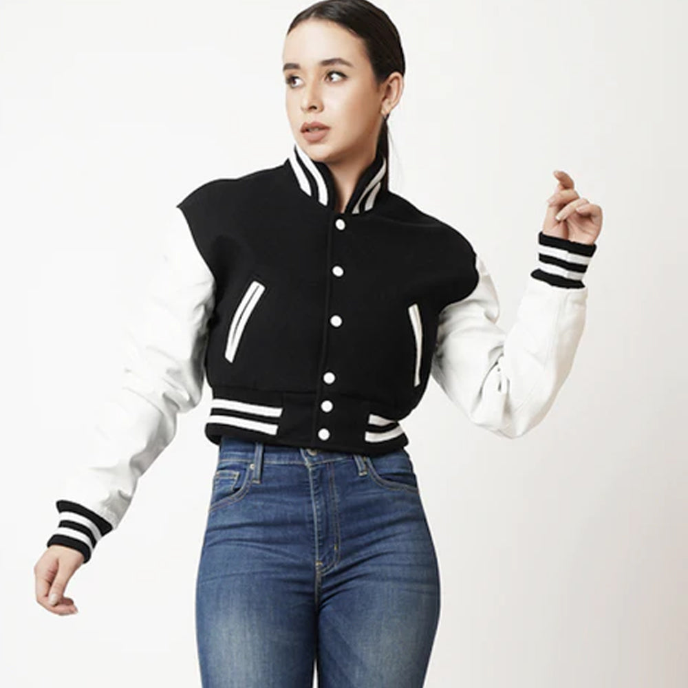 Women's Black & White Sleeves Cropped Varsity Leather Jacket