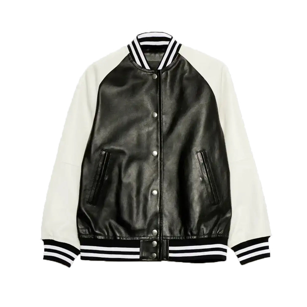Classic Women’s Black and White Leather Varsity Jacket