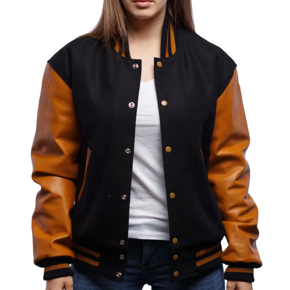 Women’s Bomber Varsity Jacket With Leather Sleeves