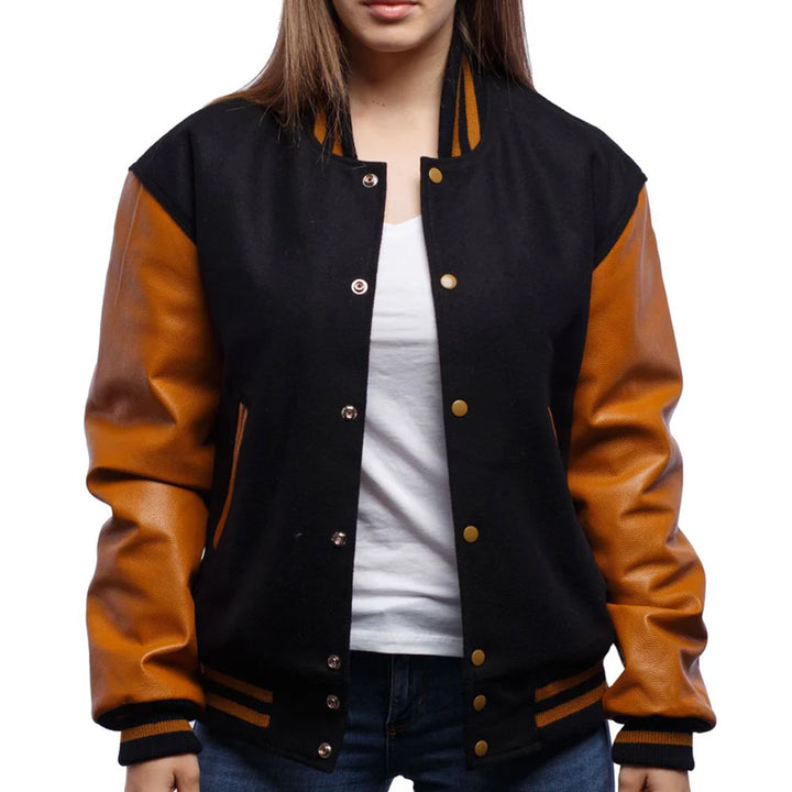 Women’s Bomber Varsity Jacket With Leather Sleeves