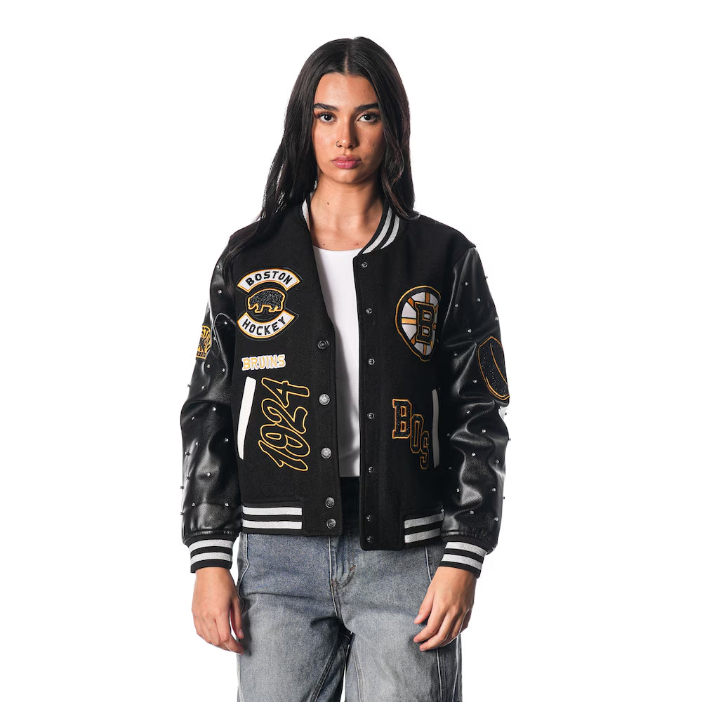 Women's Boston Bruins The Wild Collective Black Full-Snap Varsity Jacket