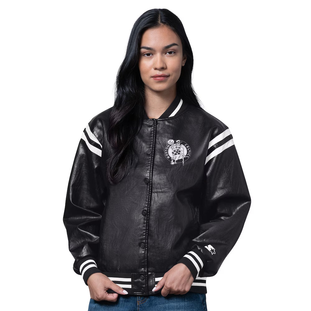 Women's Boston Celtics Starter Black High Heat Leather Varsity Full-Snap Jacket