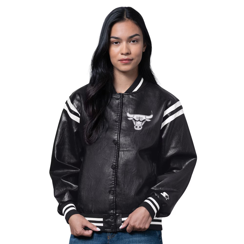Women's Chicago Bulls Starter Black High Heat Leather Varsity Full-Snap Jacket