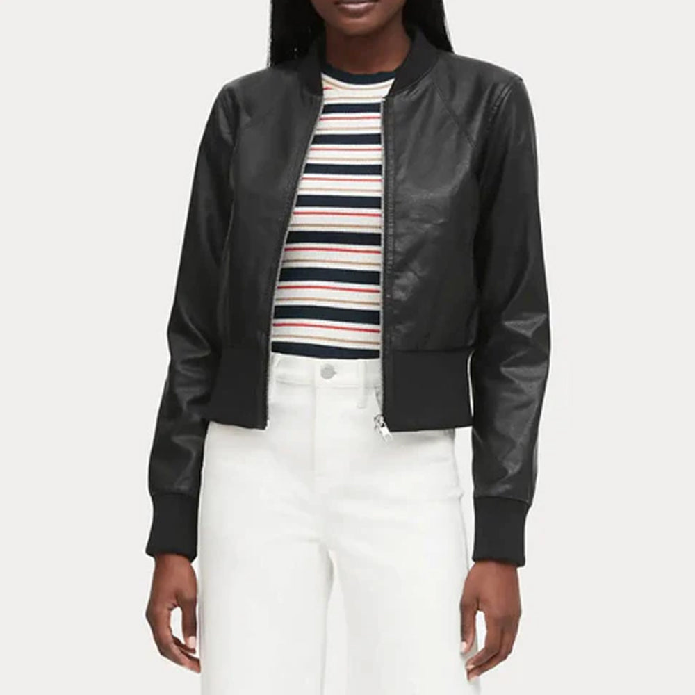 Women’s Cropped Ribbed Cuff Black Bomber Jacket
