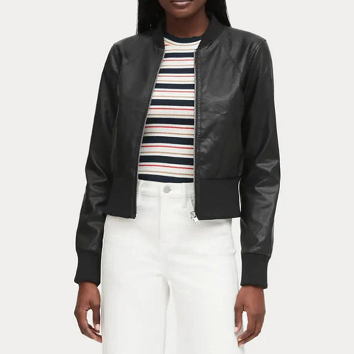 Women’s Cropped Ribbed Cuff Black Bomber Jacket
