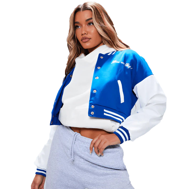 Women’s Cropped Varsity Bomber Leather Jacket In Blue