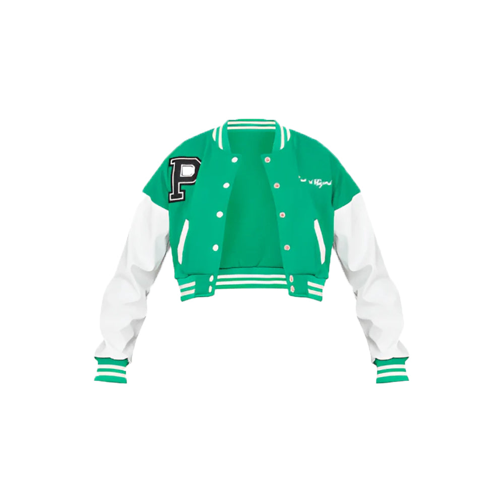 Women’s Cropped Varsity Leather Jacket In Green