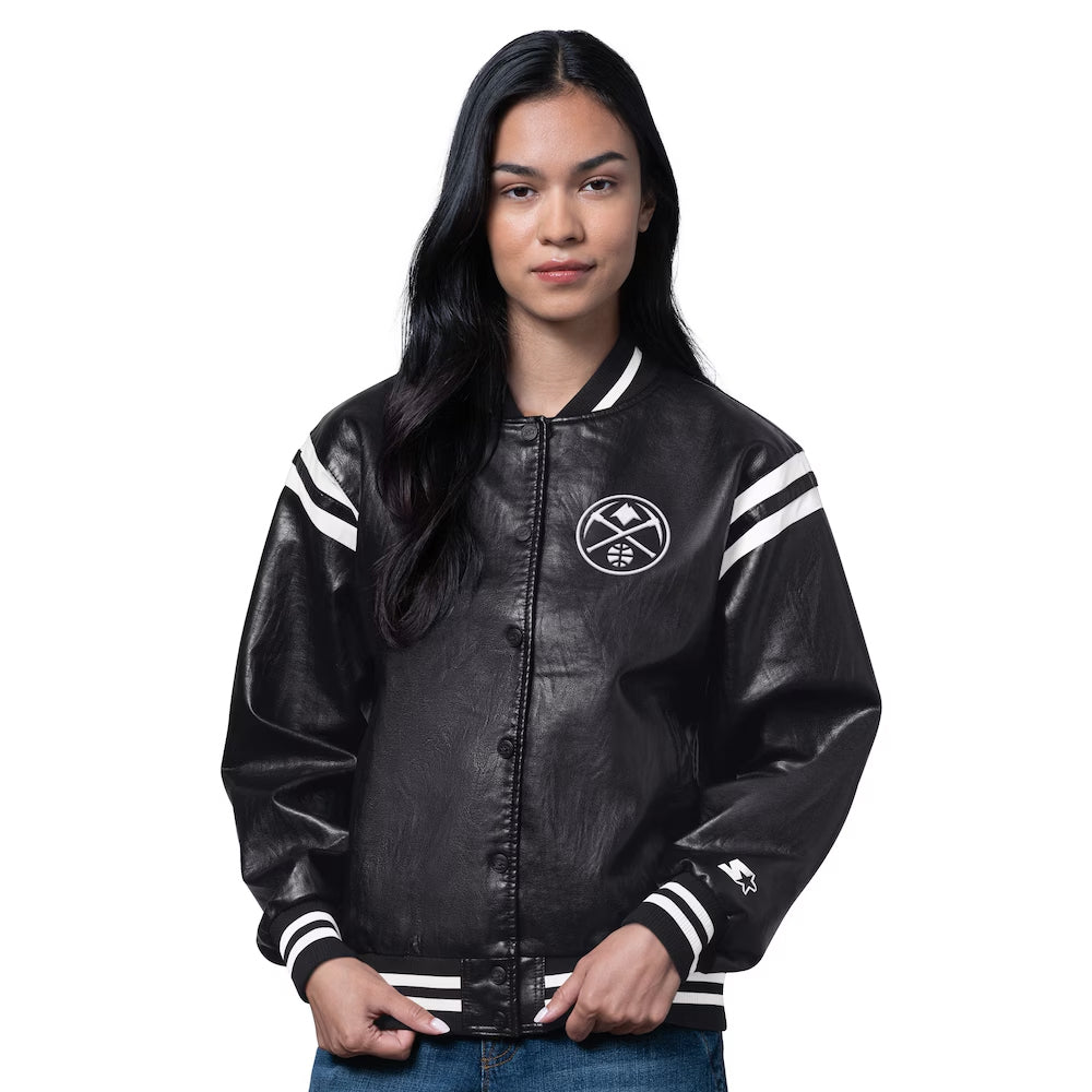 Women's Denver Nuggets Starter Black High Heat Leather Varsity Full-Snap Jacket