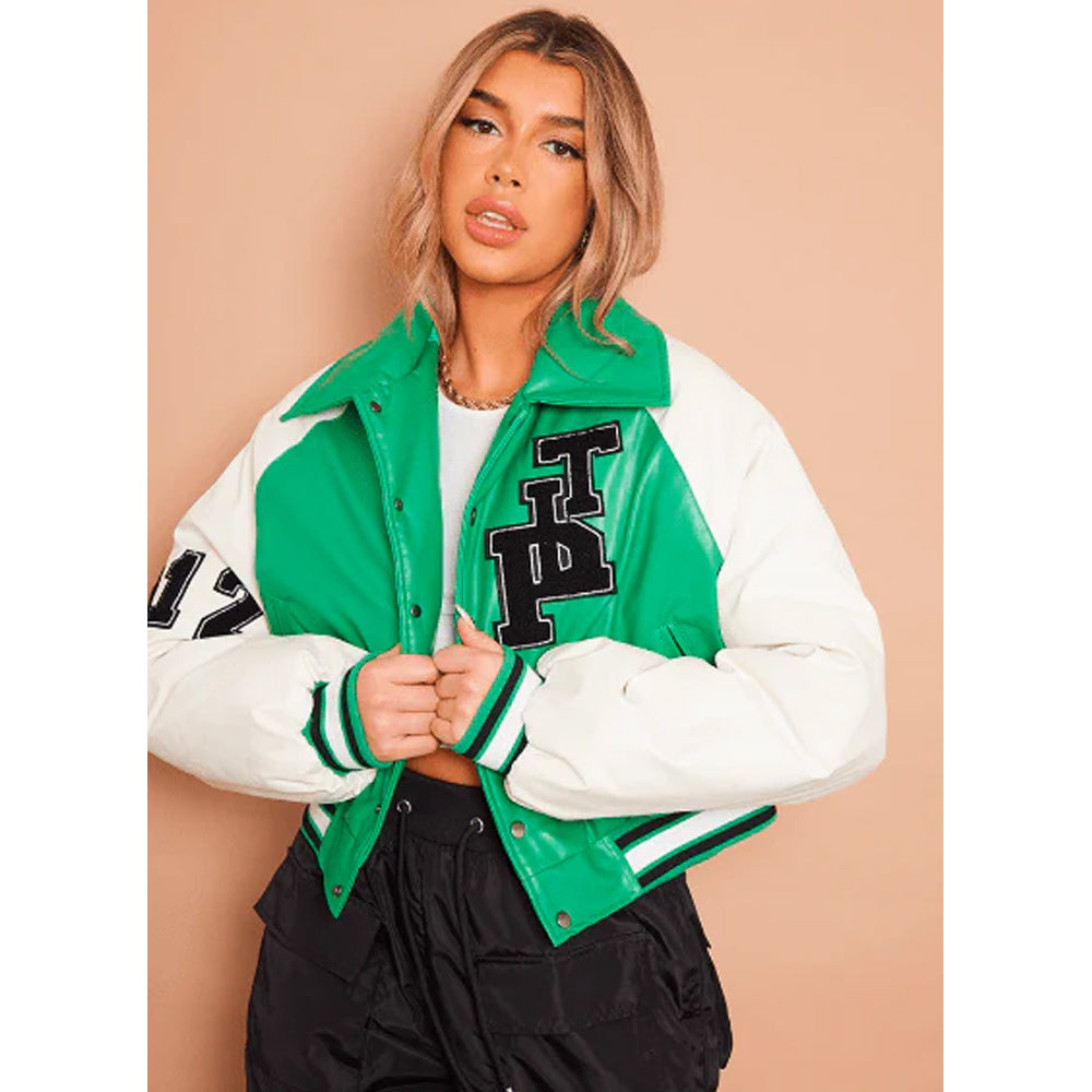 Women's Green Varsity Bomber Leather Jacket with White Sleeves - Classic and Vibrant