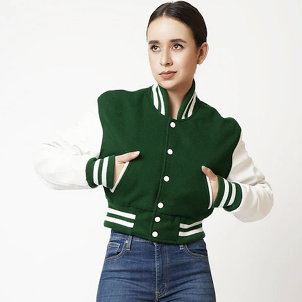 Women's Green & White Sleeves Cropped Varsity Leather Jacket