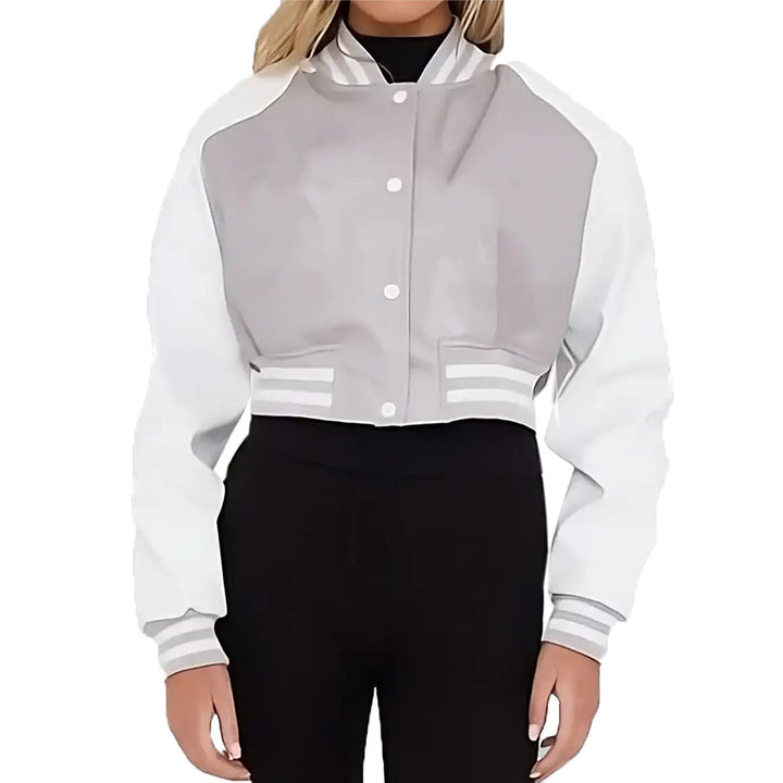 Women’s Grey and White Leather Varsity Jacket