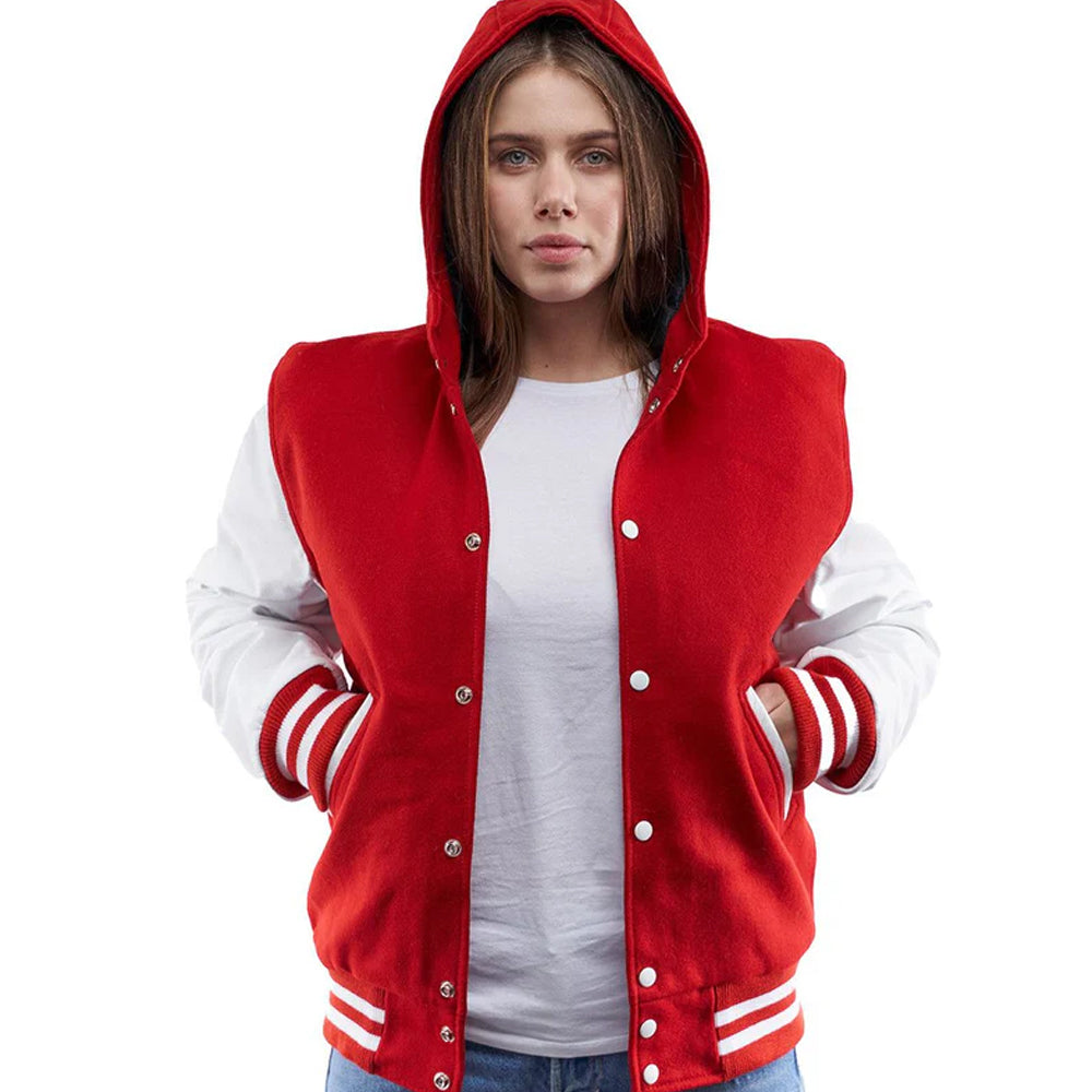 Women’s Hooded Varsity Leather Bomber Jacket In Red & White Sleeves