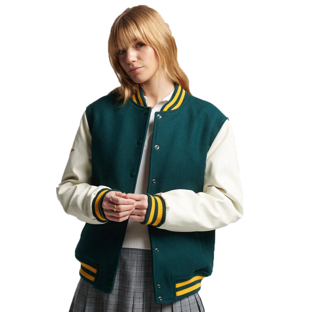 Women’s Letterman Bomber Leather Jacket In See Green And White Sleeves