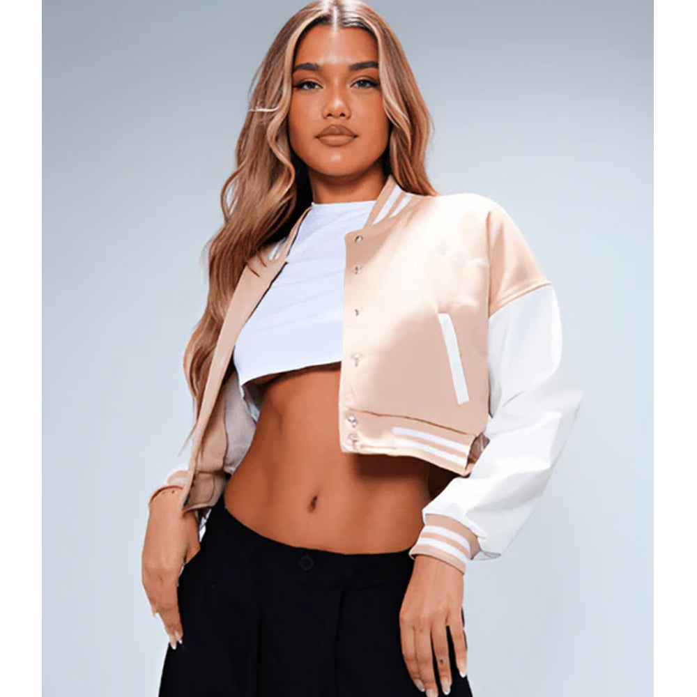 Women's Light Pink Cropped Varsity Bomber Leather Jacket - Chic and Contemporary