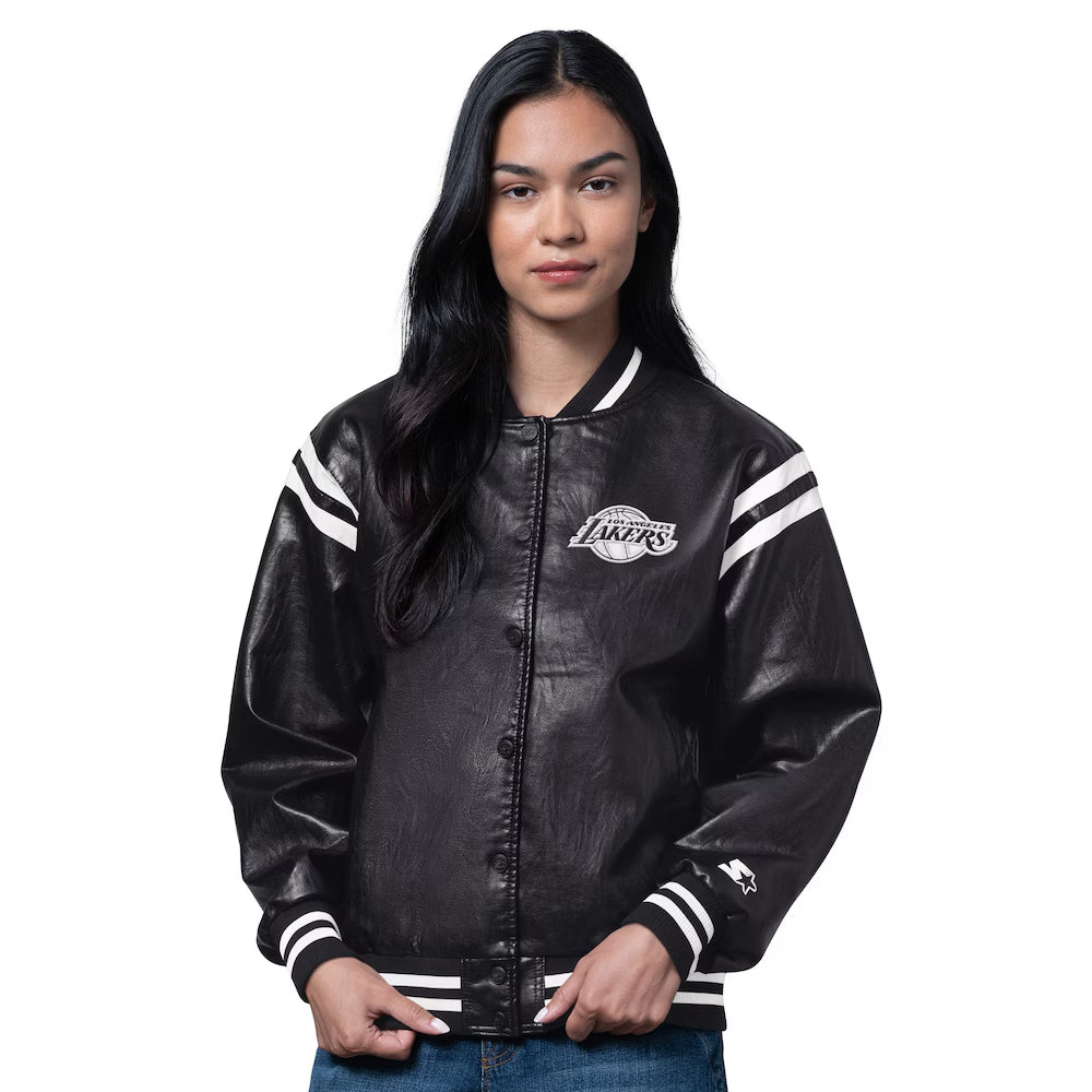 Women's Los Angeles Lakers Starter Black High Heat Leather Varsity Full-Snap Jacket