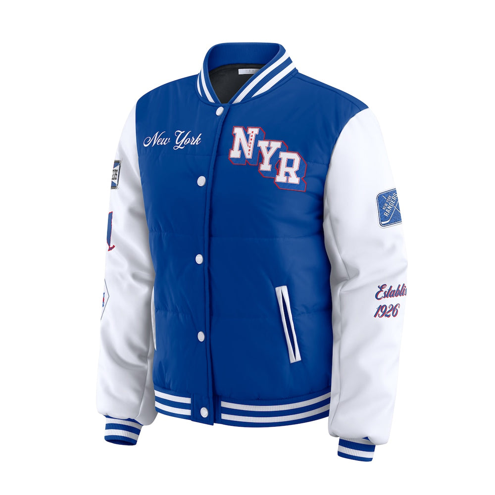 Women's New York Rangers WEAR by Erin Andrews Blue-White Varsity Full-Snap Puffer Jacket