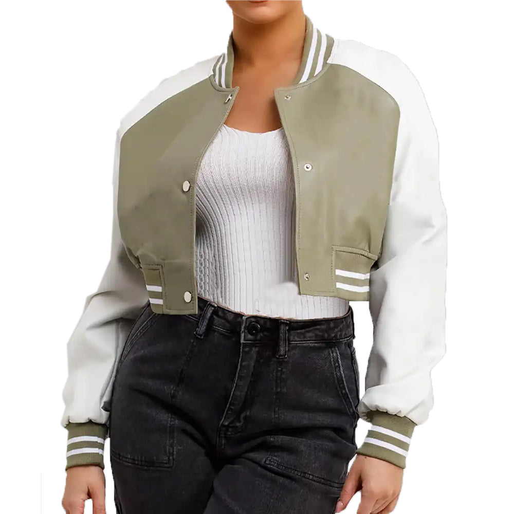 Women’s Olive Green and White Leather Varsity Jacket