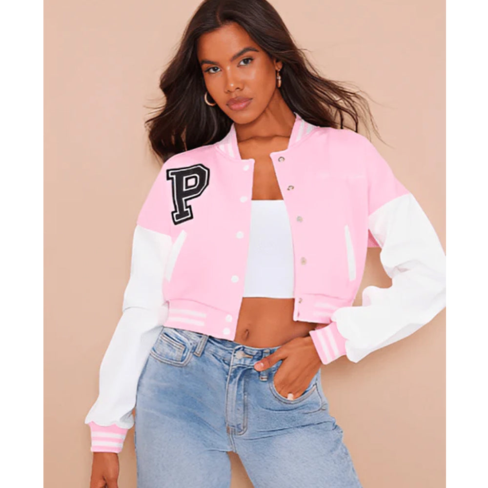 Women's Pink Cropped Varsity Bomber Leather Jacket