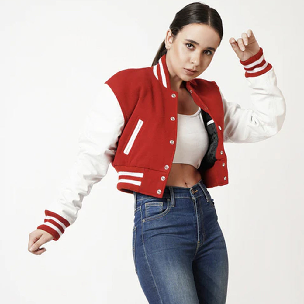 Women's Red & White Sleeves Cropped Varsity Leather Jacket
