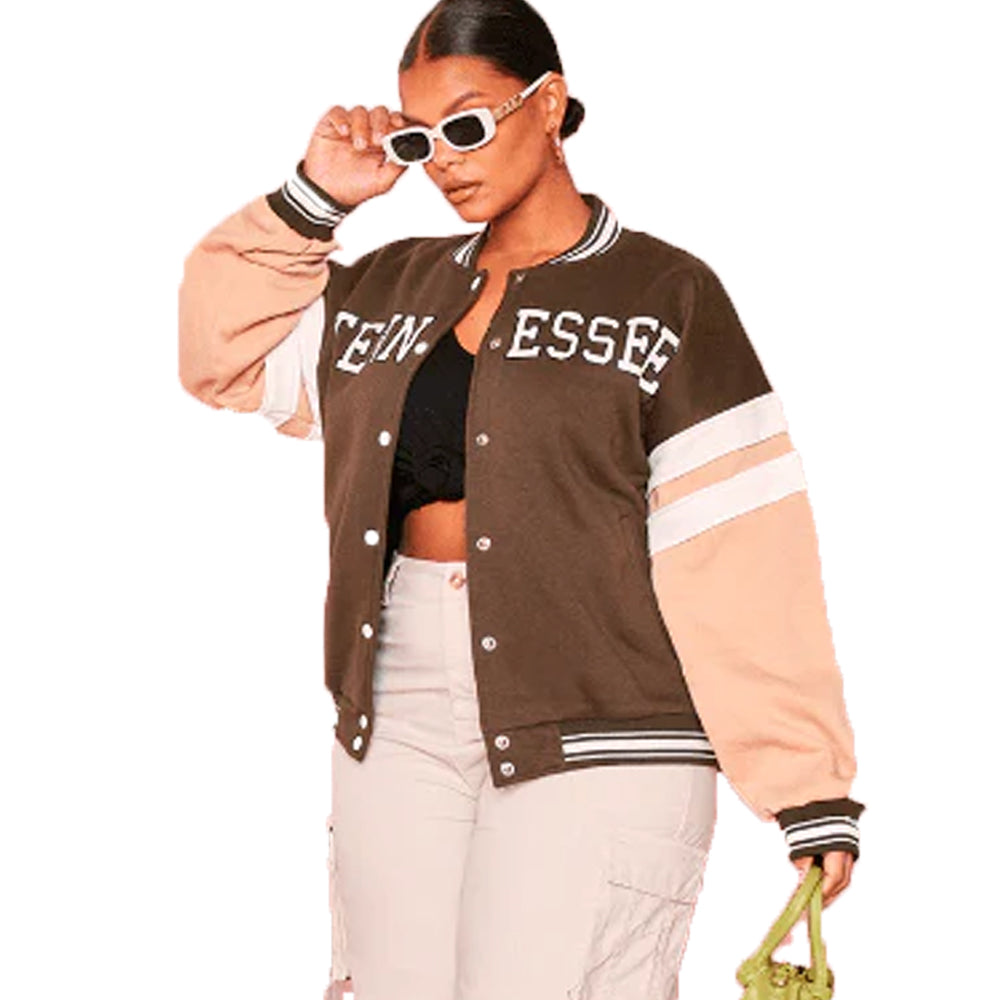 Women’s Varsity Bomber Leather Jacket In Brown & Pink Sleeves